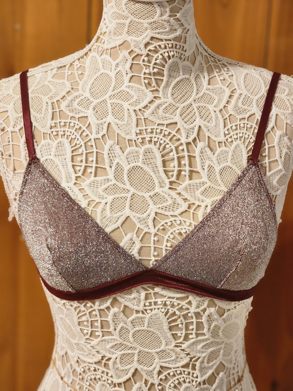 Urban Outfitters Shimmer Lace Triangle Bralette - Burgundy/Silver
